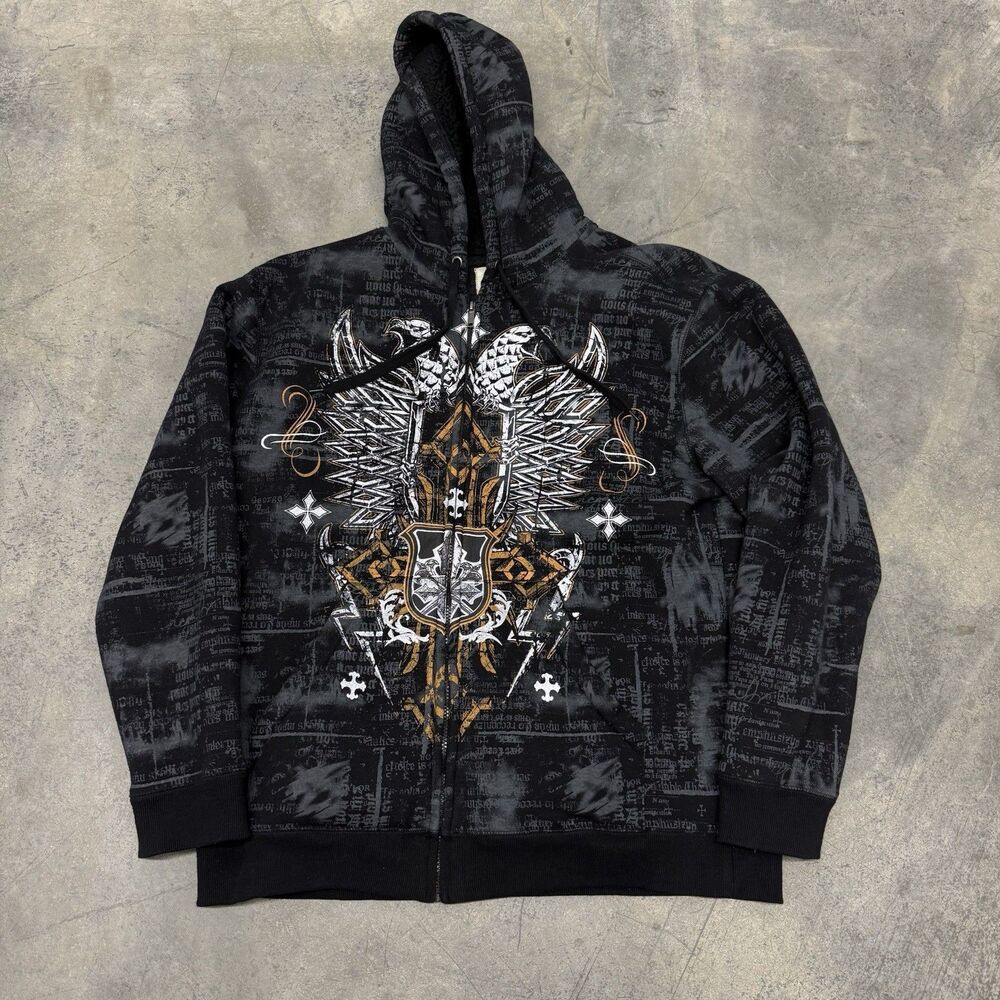 Vtg Route 66 Affliction Type AOP Full Zip Sherpa Lined Black Hoodie Sz XL Y2k